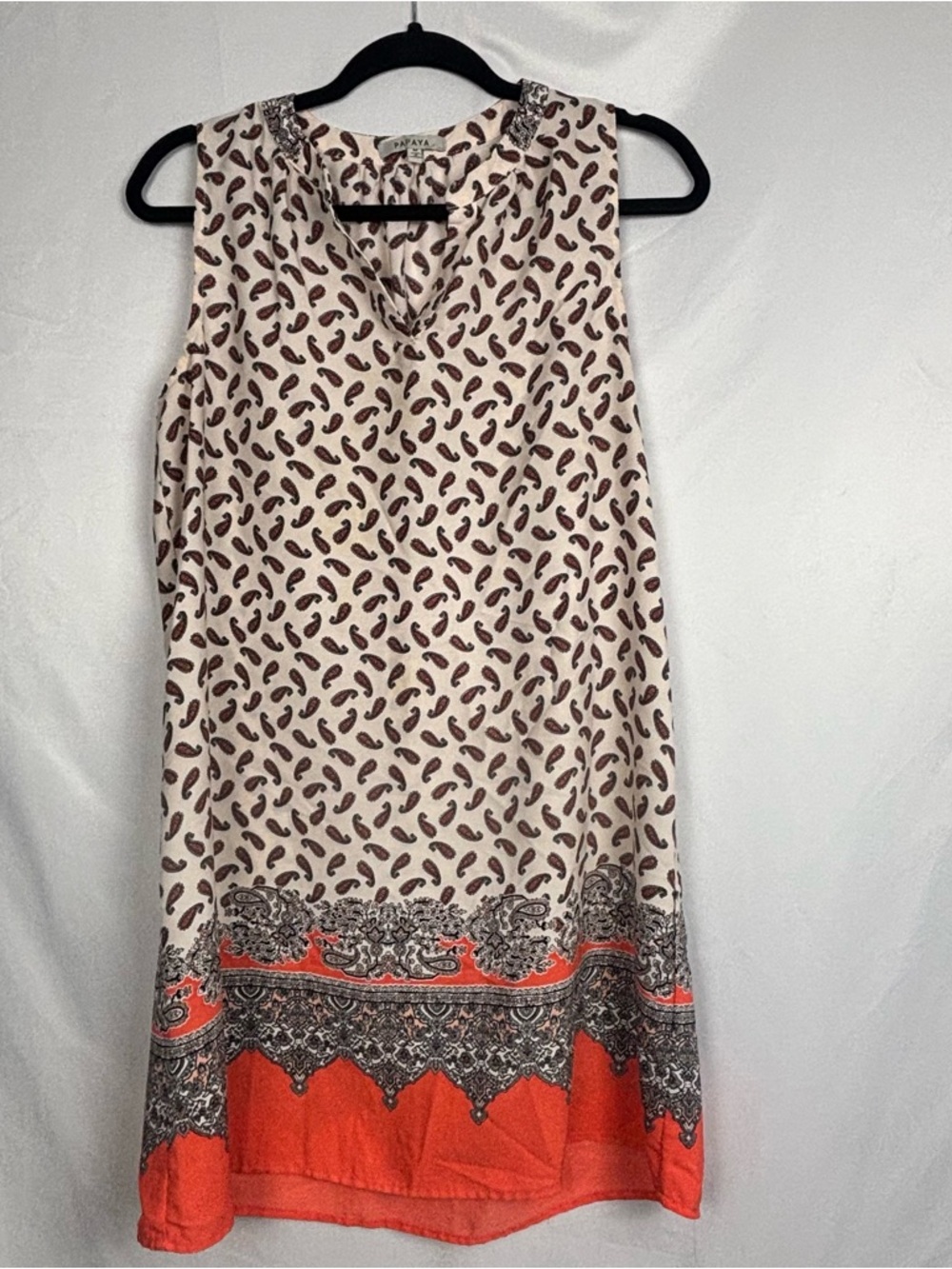 Papaya Cream and Orange Paisley Border Sleeveless Dress